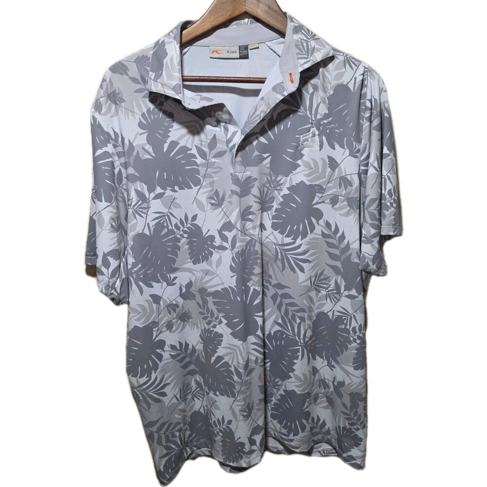 Kjus Men Golf Polo shirt Gray White Tropical Leaf Print Comfort Fit 2xl 56 UPF50